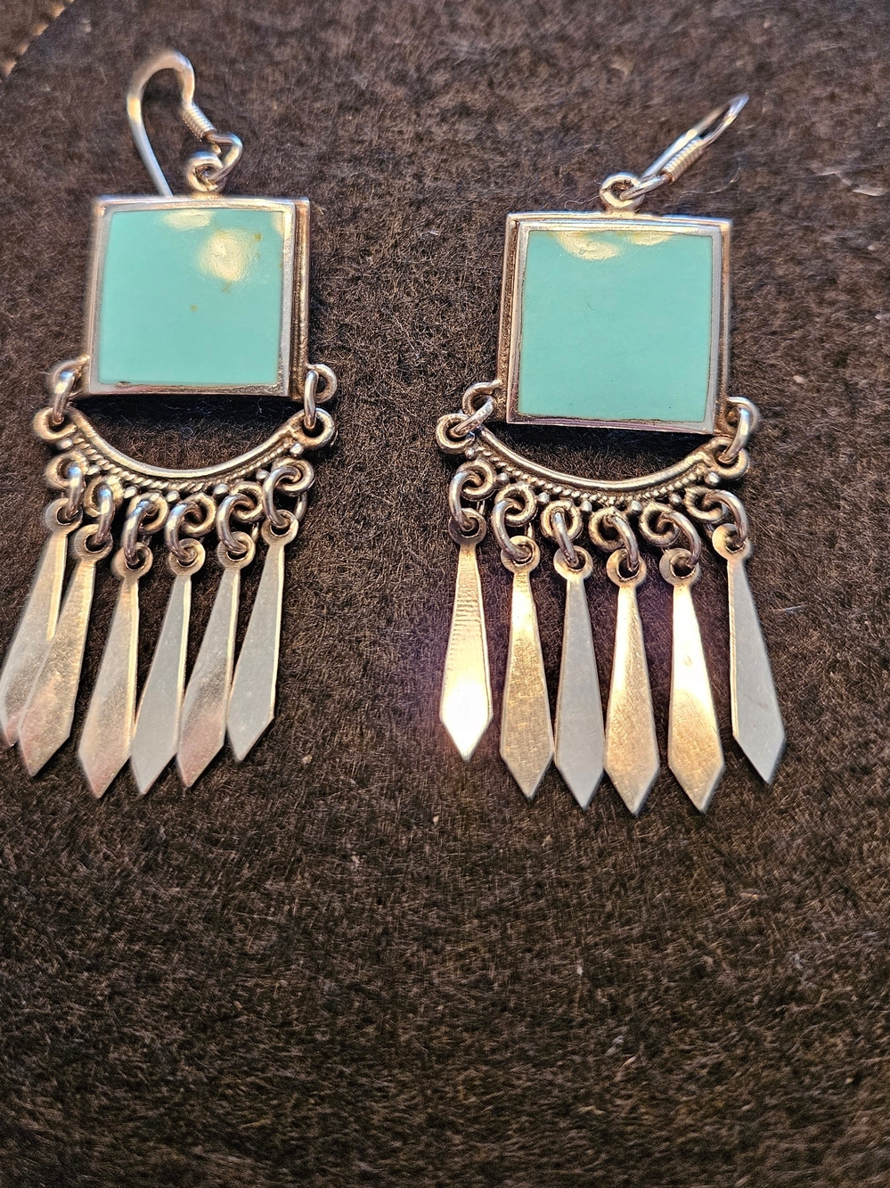 Vintage Turquoise Square Dangle Earrings - Silver